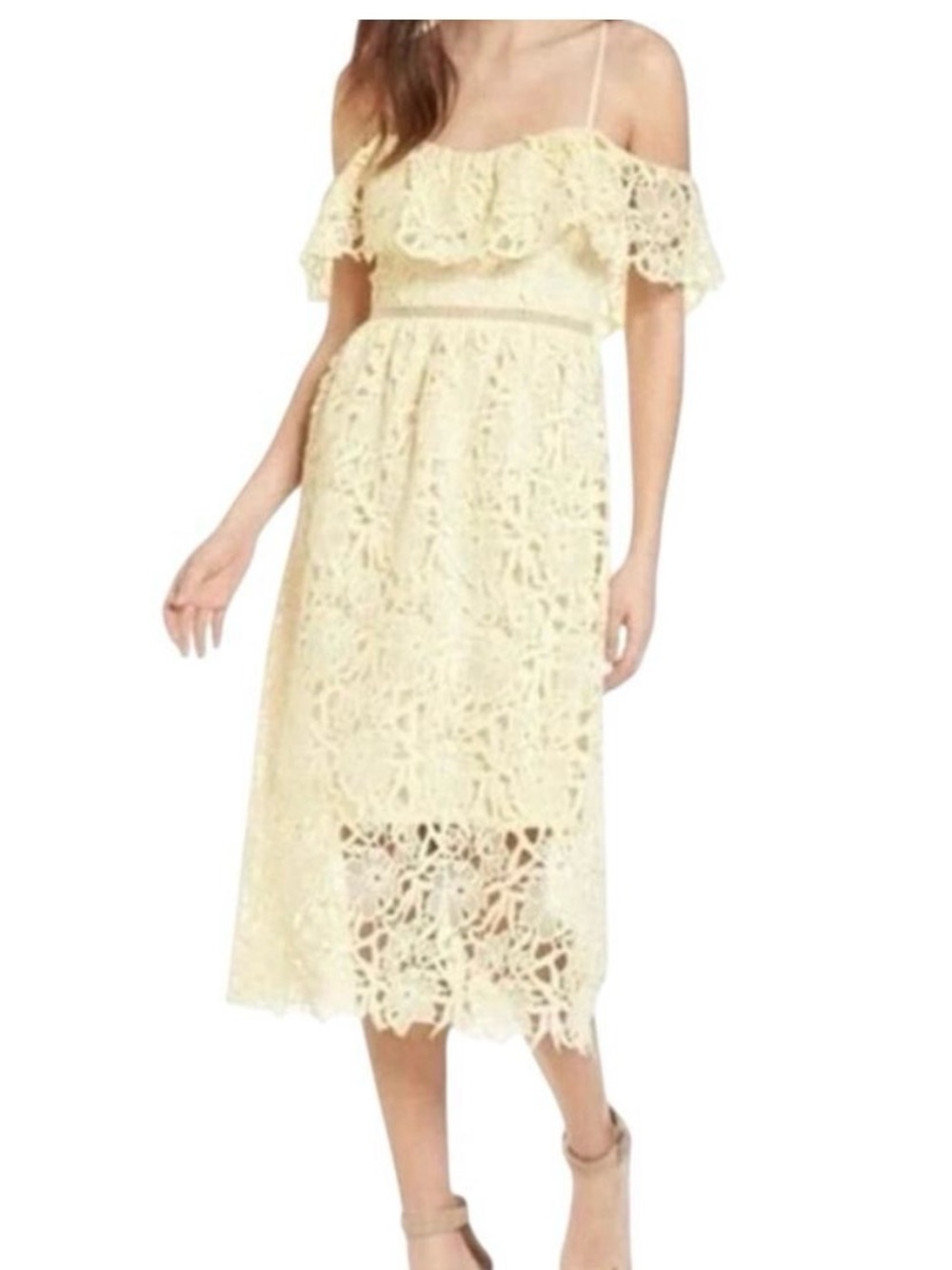 ASTR the label butter yellow off the shoulder lace dress